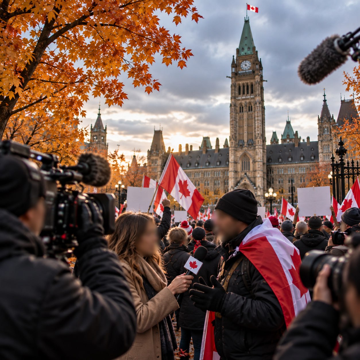 Editorial image of a Canadian public gathering near Parliament