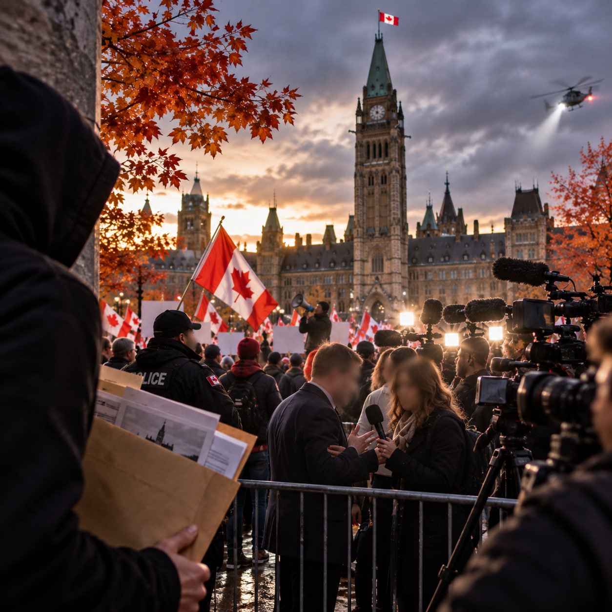 Editorial scene of Canadian flags, media crews and Parliament buildings
